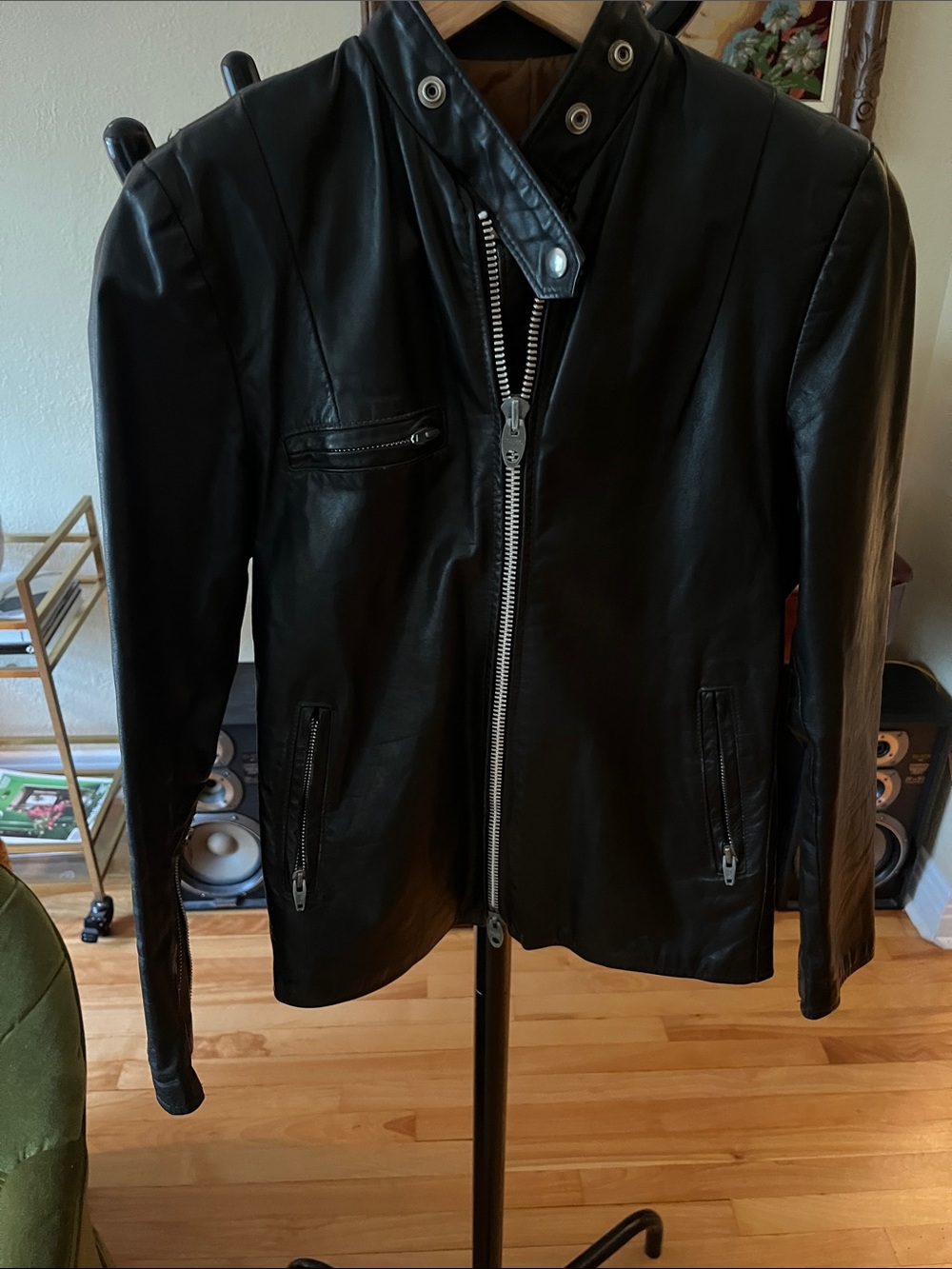 Vintage Black Leather Zip-Front Jacket
